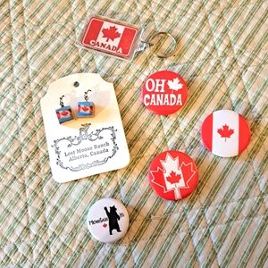 Canada Proud, 4 pin back buttons, 1 pair of Canada flag earrings, 1 keychain